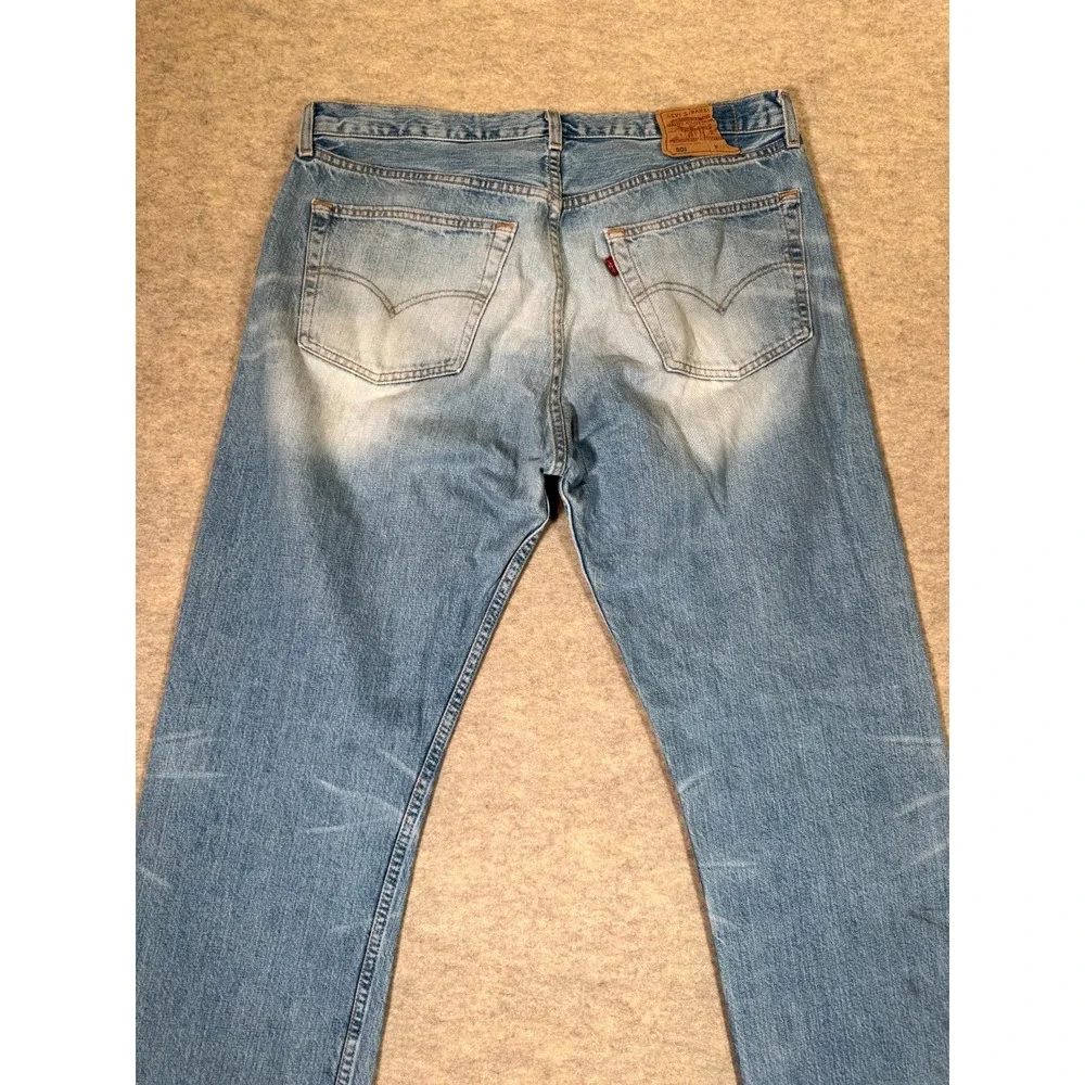 Levis 501 Original Fit Jeans Mens 38x34 Light Blue Whiskering Denim Straight Leg